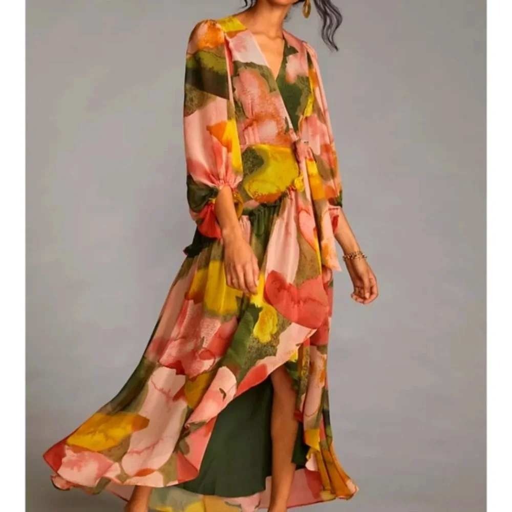 Anthropologie Hutch Geo Wrap Maxi Dress Sz S Watercolor Abstract Floral Autumn